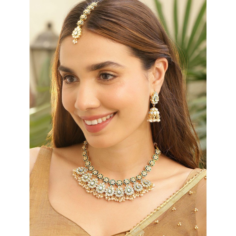 Rubans 22K Gold-Plated Green Enamel Pearl Bead Accents Kundan Studded Necklace Set