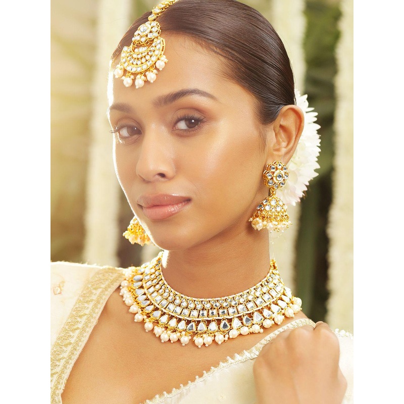 Rubans 22K Gold Plated Handcrafted White Kundan & Pearl Bridal Choker Jewelry Set