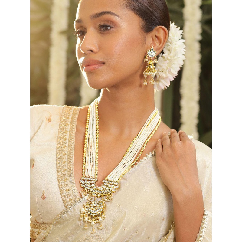 Rubans 22K Gold-Plated Kundan Studded Multi-Strand Pearl & Gold Beaded Necklace Set