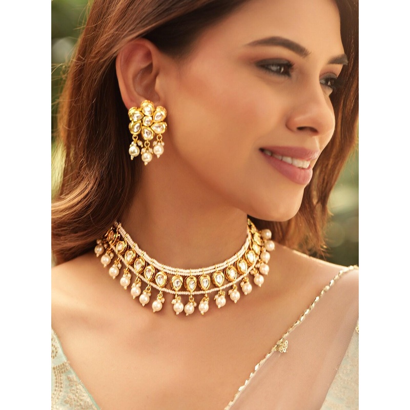 Rubans 22K Gold Plated Kundan Studded Pearl Beaded Handcrafted Choker Jewellery Set