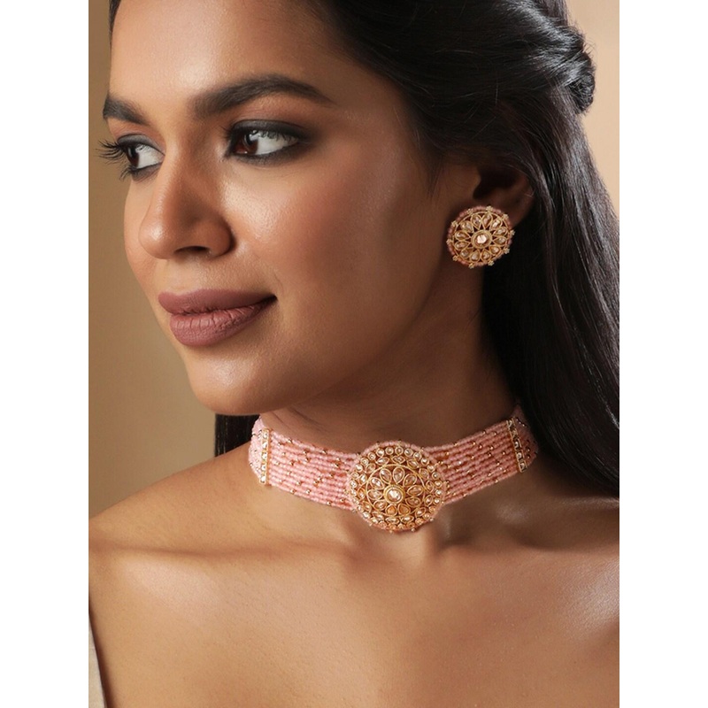 Rubans 22K Gold Plated Kundan Studded & Pink Beaded Choker Necklace Set
