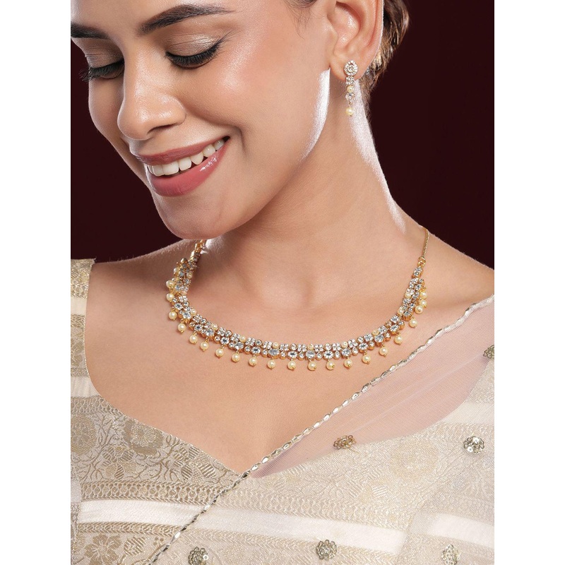 Rubans 22K Gold-Plated Pearl Beads & White Cubic Zirconia Handcrafted Necklace Set