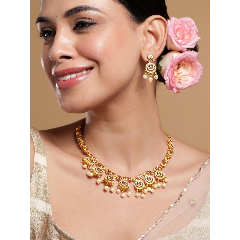 Rubans 22K Gold-Plated Ruby & Emerald Cubic Zicronia Stone Necklace Set with Pearl Drops