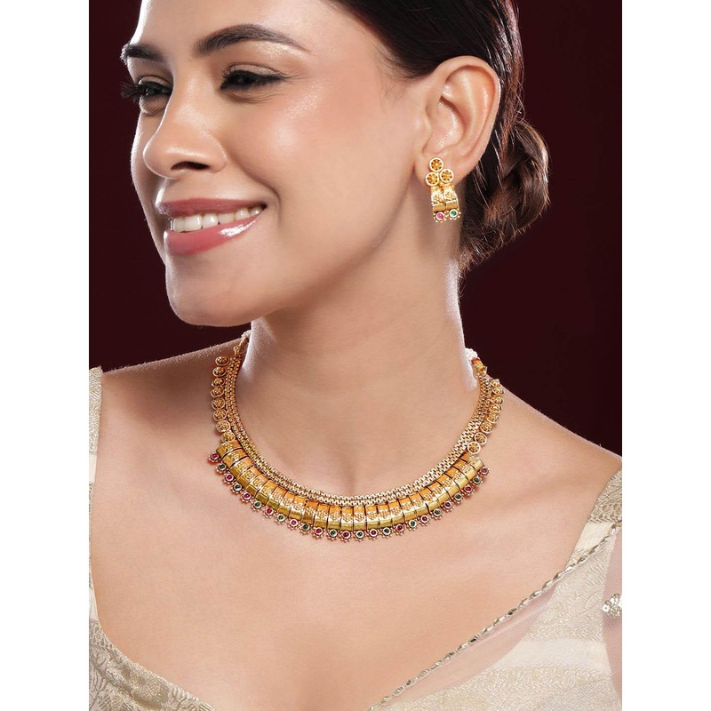 Rubans 22K Gold-Plated Ruby & Emerald Stones Handcrafted Traditional Necklace Set