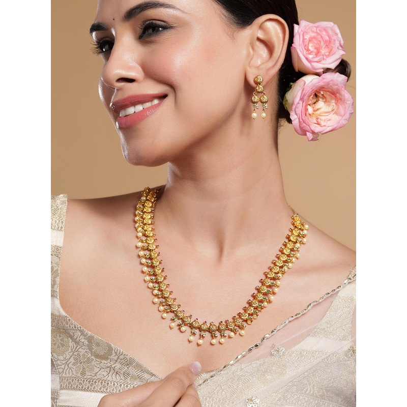 Rubans 22K Gold-Plated Ruby &Emerald-Studded Temple Necklace Set with Pearl Beaded Drops