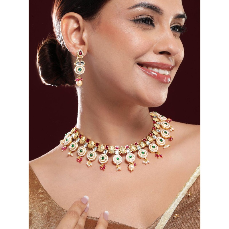 Rubans 22K Gold-Plated Ruby Pink, Emerald Green, Kundan & Pearl Bead Accents Necklace Set