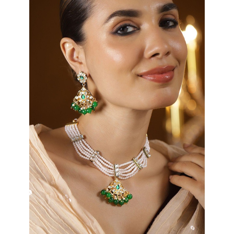 Rubans 22K Gold-Plated White Pearl Multi-Strand Necklace Set with Kundan & Emerald Beads