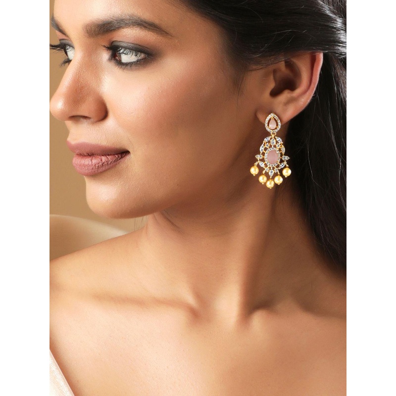 Rubans 22KT Gold-Plated Pastel Pink & Cubic Zirconia Studded Chandelier with Pearl Drops