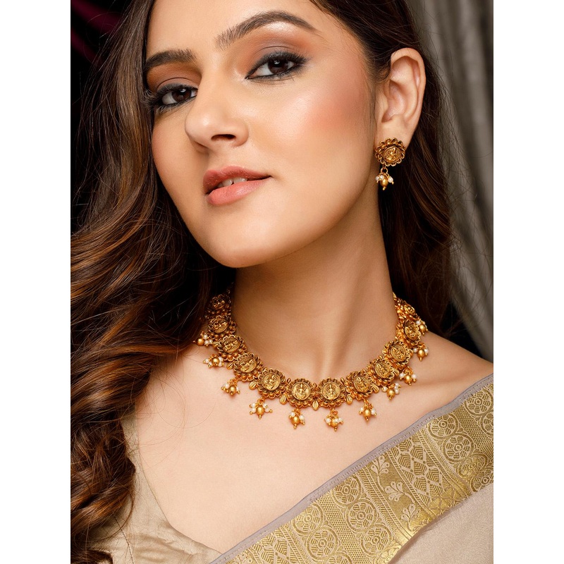 Rubans 24K Gold-Plated Gold Beaded Divine Lakshmi Temple Jewellery Set
