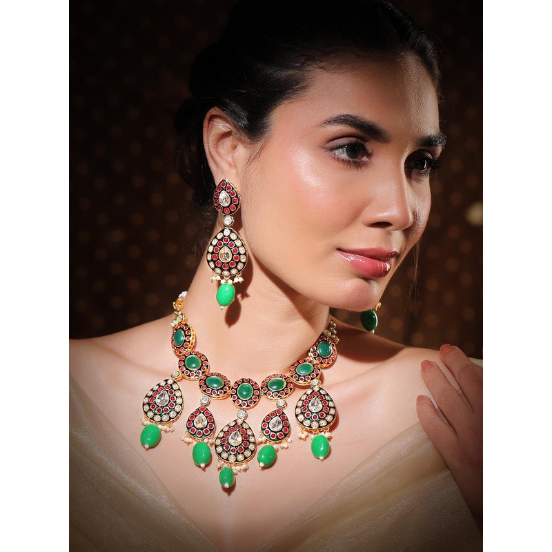 Rubans 24K Gold-Plated Kundan & Green Beaded Choker Necklace Set with Red Stone Detailing