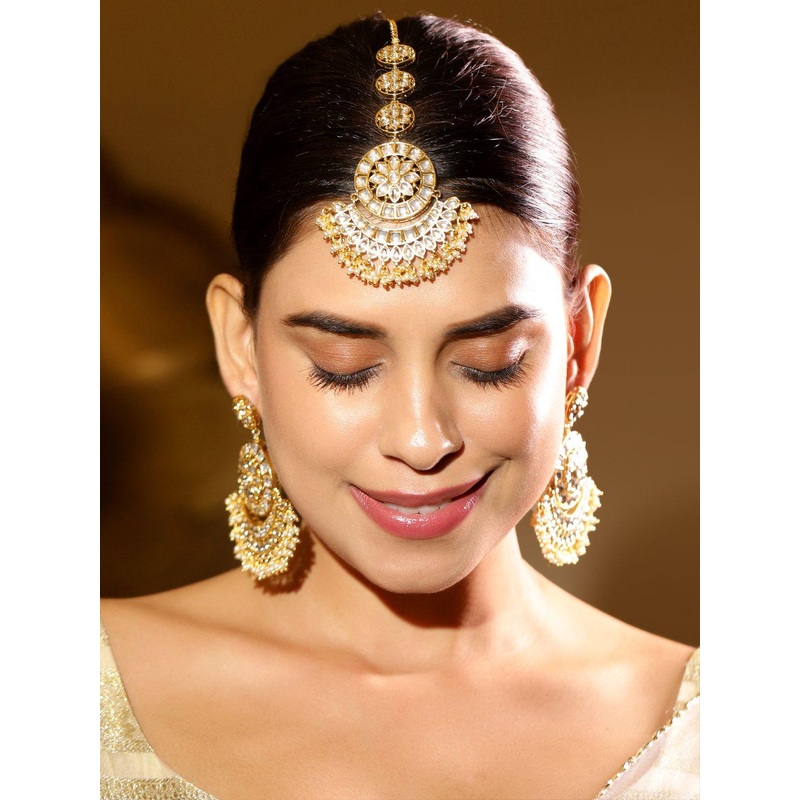 Rubans 24K Gold Plated Kundan & Pearls Earrings & Maang Tikka Set