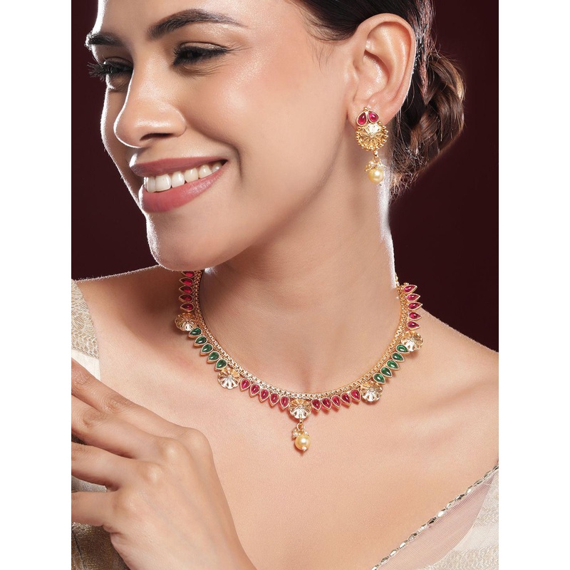 Rubans 24K Gold-Plated Ruby Red & Emerald Green Kundan Studed Necklace Set with Pearl Drop
