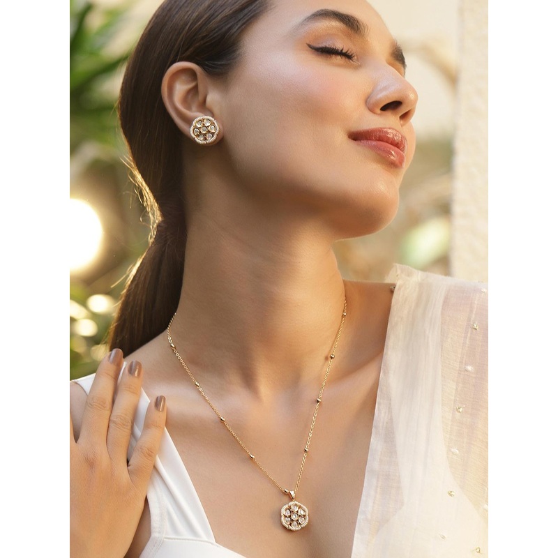 Rubans Gold-Plated CZ Stone-Studded Pendant Necklace & Earrings Jewellery Set