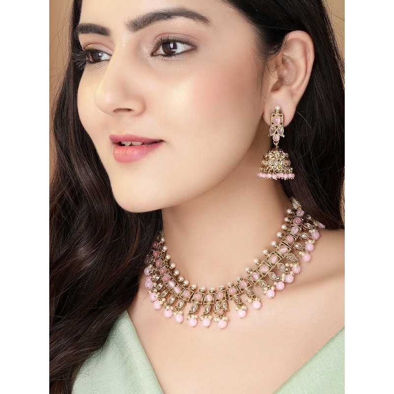 Rubans Gold-Plated Pink & White Stone-Studded Beaded Handcrafted Jewellery Set