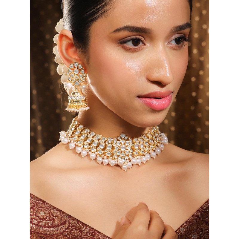 Rubans Gold-Plated White Kundan-Studded & Beaded Handcrafted Jewellery Set