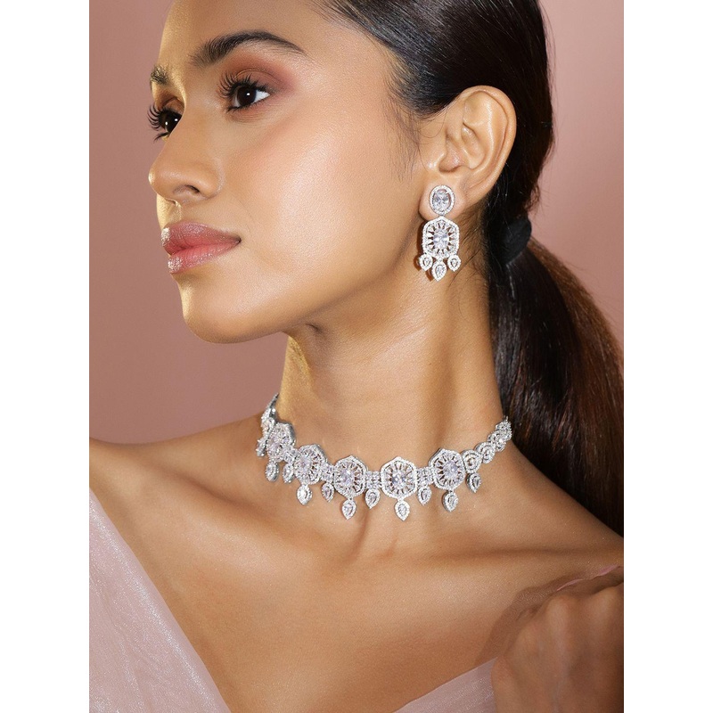 Rubans Rhodium-Plated AAA White Cubic Zirconia Studded Choker Jewellery Set