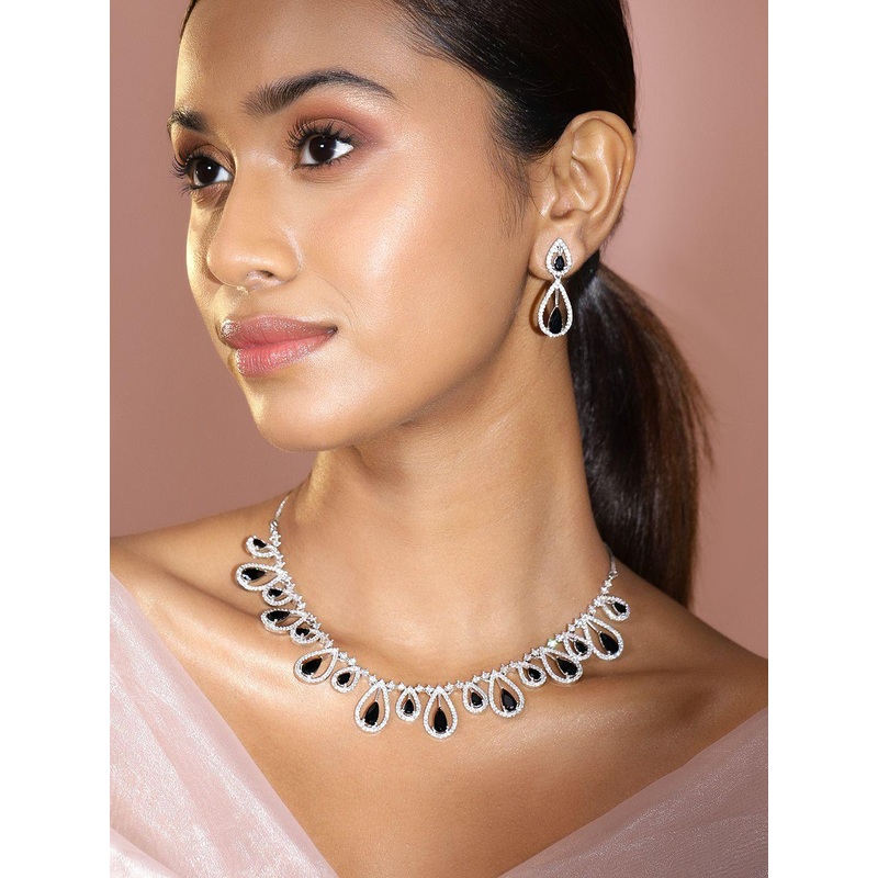 Rubans Rhodium-Plated Black AD & White Cubic Zirconia Studded Teardrop Design Necklace Set