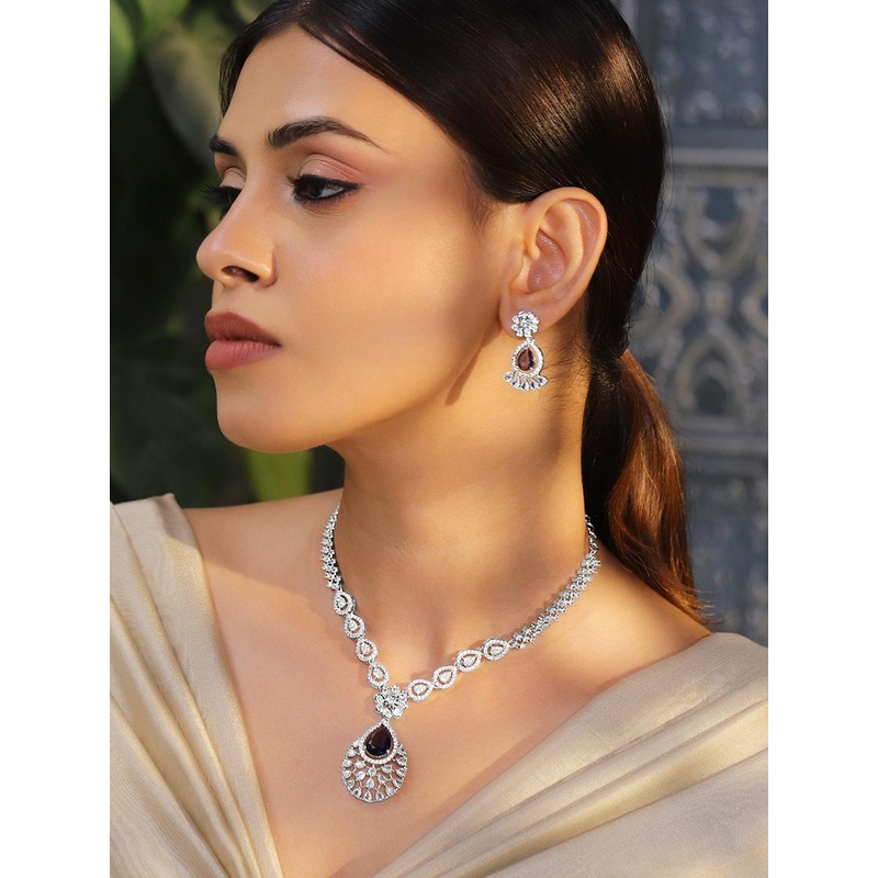 Rubans Rhodium-Plated Black Onyx AD & Cubic Zirconia Studded Necklace Set