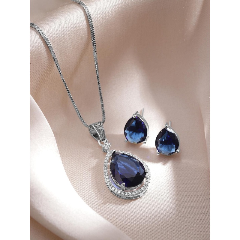 Rubans Rhodium-plated Blue Sapphire and CZ Studded Luxury AD Pendent Necklace Set