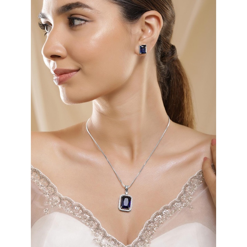 Rubans Rhodium-Plated Blue Sapphire & CZ Studded Pendant Necklace Set