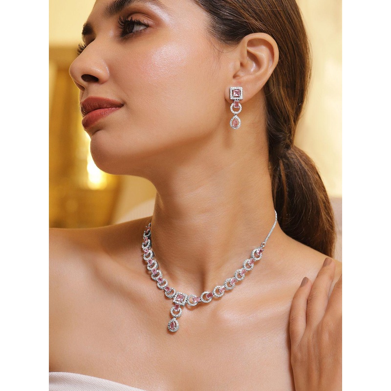 Rubans Rhodium-Plated Cubic Zirconia Studded Jewellery Set