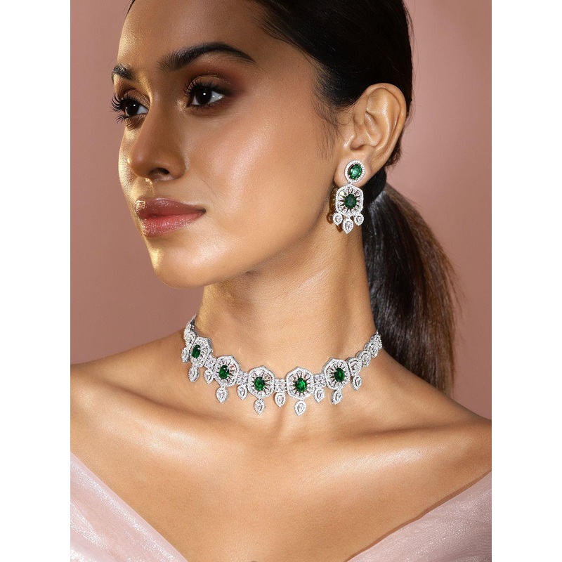 Rubans Rhodium-Plated Emerald Green & White Cubic Zirconia Studded Choker Jewellery Set
