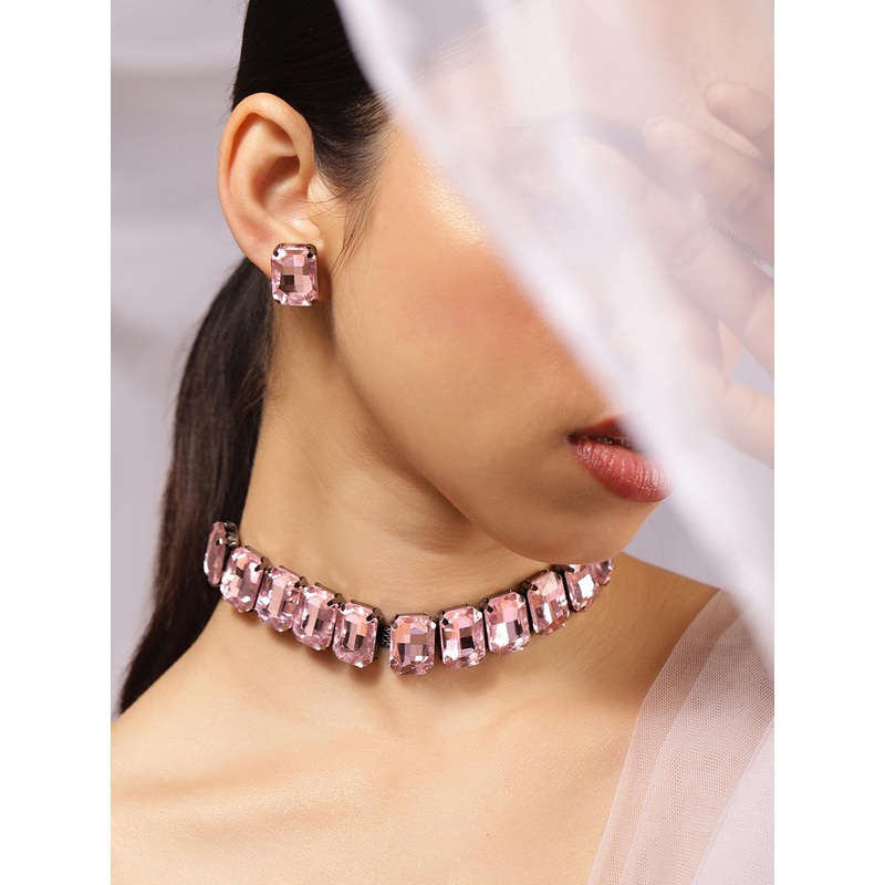 Rubans Rhodium Plated Pastel Pink Crystal Cubic Zirconia Studded  Choker Set