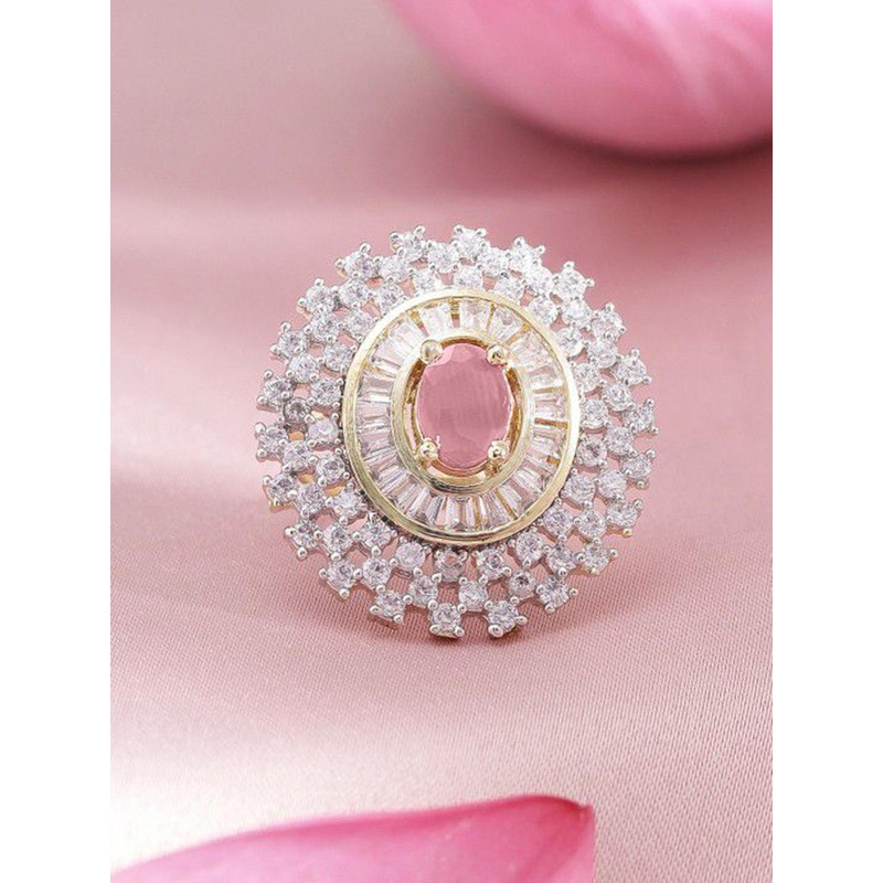 Rubans Rhodium-Plated Pink AD & White Zirconia Studded Adjustable Ring