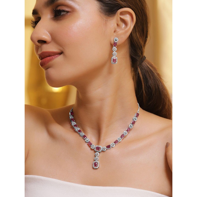 Rubans Rhodium Plated Ruby & Cubic Zicronia Studded Premium Drop Jewellery Set