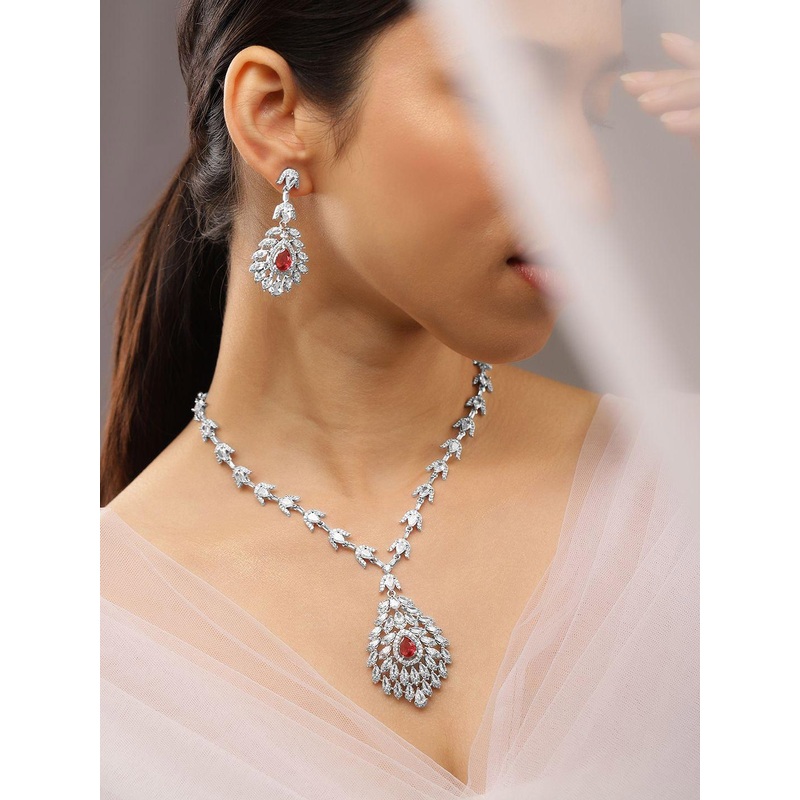 Rubans Rhodium-Plated Ruby Red & White Cubic Zirconia Studded Luxe Drop Necklace Set