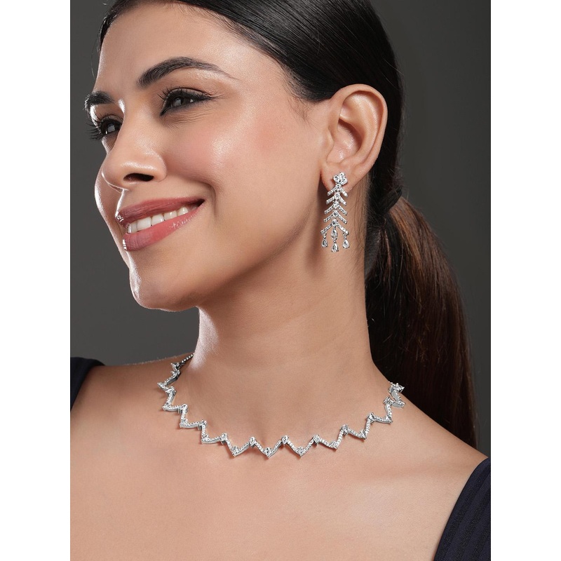 Rubans Rhodium-Plated White Cubic Zirconia Zigzag Design Necklace Set with Drop Earrings