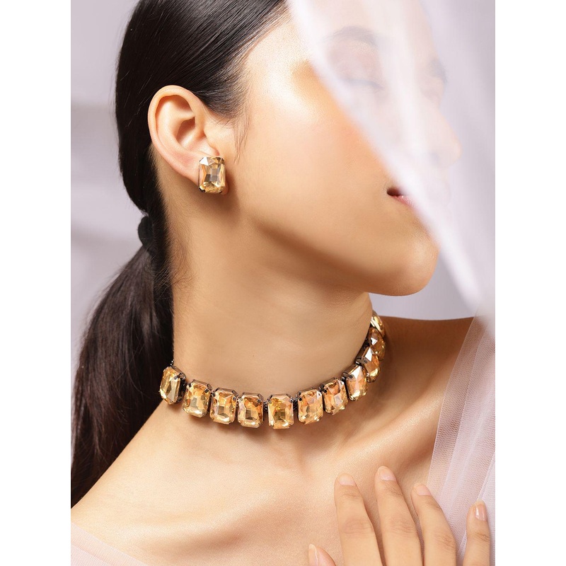 Rubans Rhodium-Plated Yellow Crystal Cubic Zirconia Studded Statement Choker Jewellery Set