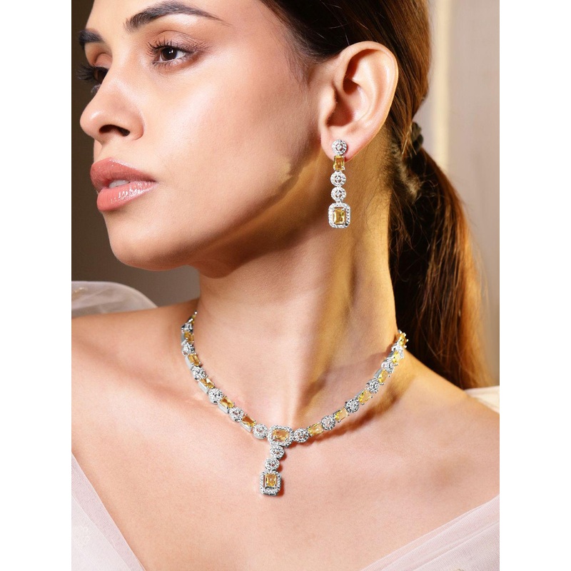 Rubans Rhodium-Plated Yellow Sapphire and Cubic Zirconia Stone Studded Jewellery Set