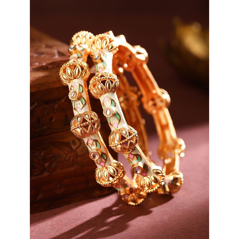 Rubans Set of 2 18K Gold Plated White, Pink & Green Enamel & Kundan Studded Bangles