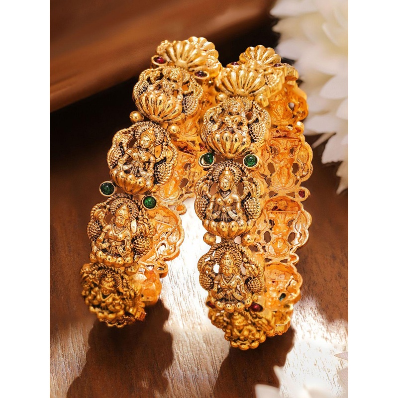 Rubans Set of 2 24K Gold-Plated Divine Lakshmi Temple Bangles with Ruby & Emerald Stones