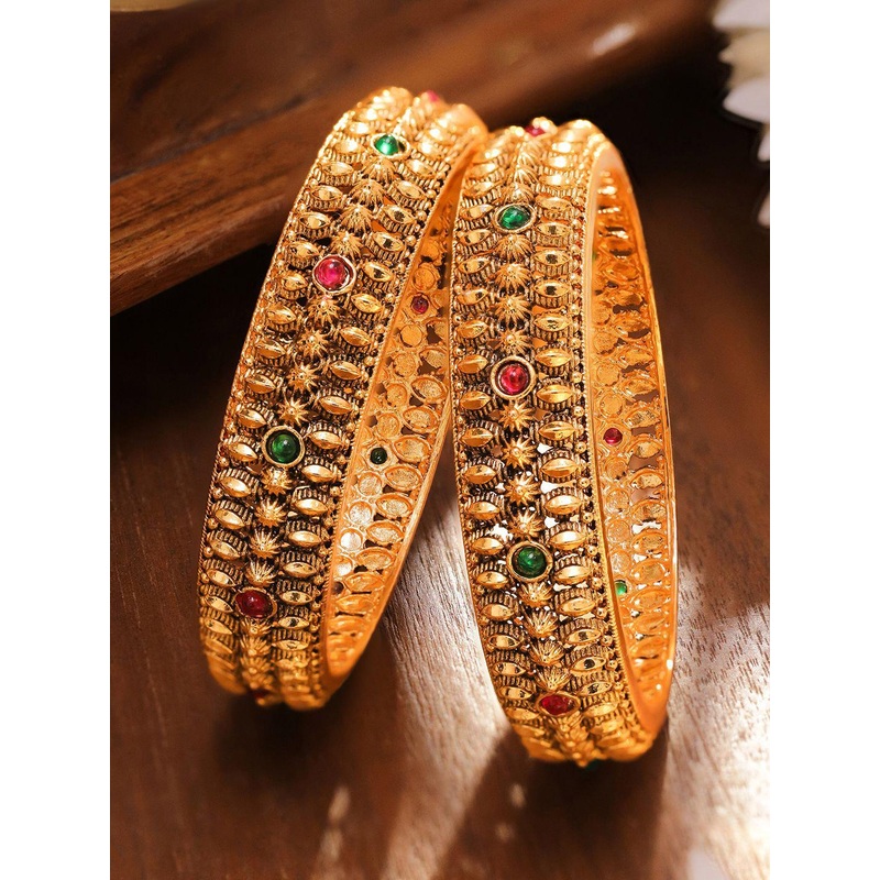 Rubans Set of 2 24K Gold-Plated Ruby & Emerald Studded Golden Beaded Traditional Bangles