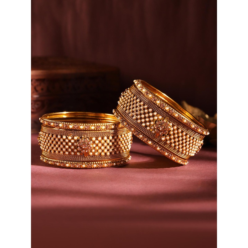 Rubans Set of 6 Gold Plated Pearl & Stone Studded Traditional Handcrafted Bangles