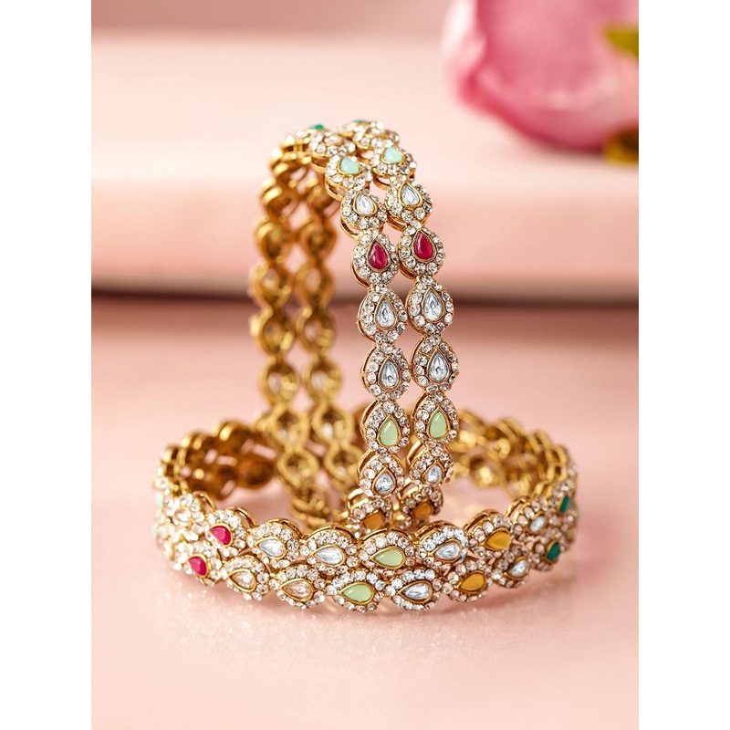 Rubans18K Mehandi Gold-Plated Multicolor Kundan and Cubic Zirconia Studed Bangles
