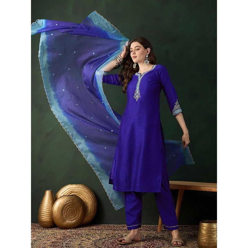 Sangria Blue Floral Embroidered Notch Neck Straight Kurta With Trouser & Dupatta