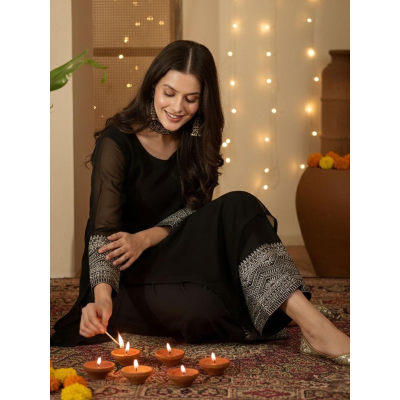 Sangria Embroidery Georgette Kurta Palazzo With Dupatta Set