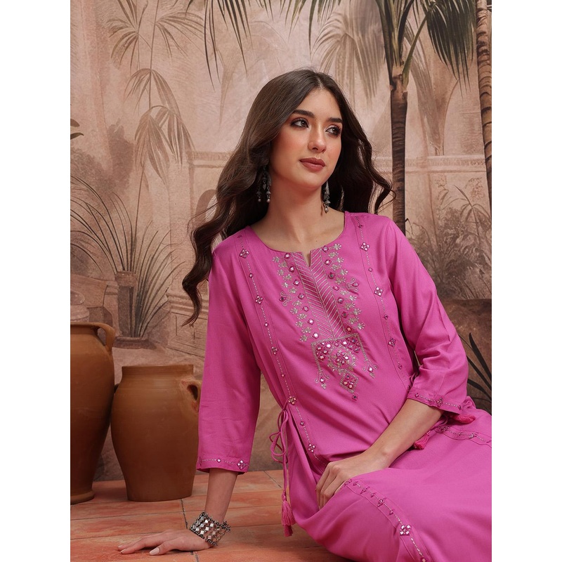 Sangria Ethnic Motifs Embroidered Sequinned & Mirror Work Detail A-Line Kurta