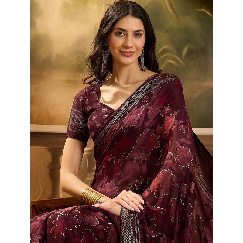 Sangria Floral Printed & Embellished Saree With Blouse Piece