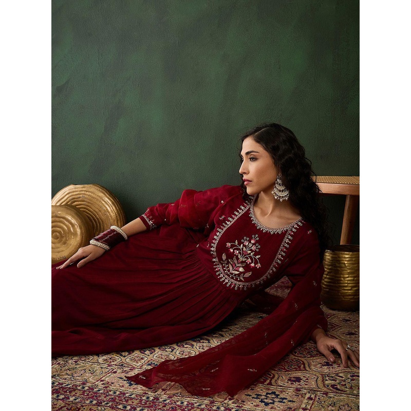 Sangria Floral Yoke Design Pleated Sequinned Kurta With Trousers & Dupatta