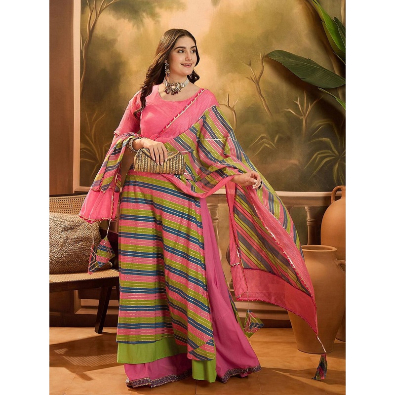 Sangria Round Neck Leheriya Printed Pure Cotton Lehenga And Choli With Dupatta