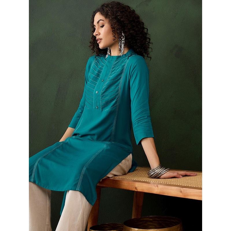 Sangria Teal Blue Mandarin Collar Cotton Straight Kurta