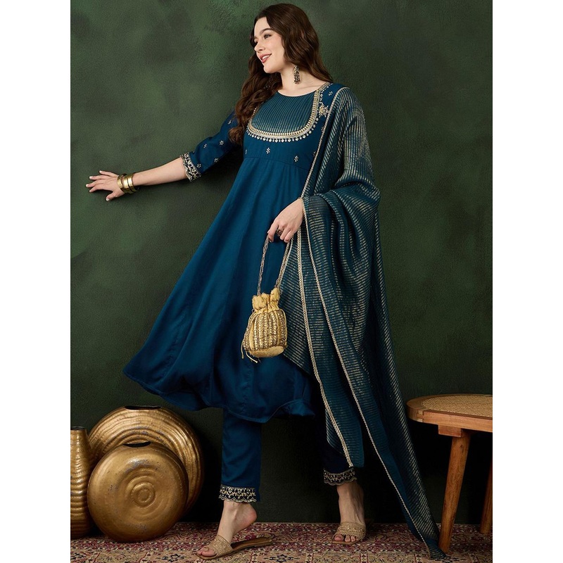 Sangria Teal Floral Embroidered Regular Anarkali Kurta With Trouser With Dupatta