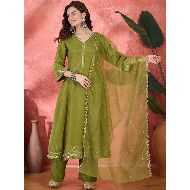 Sangria V-Neck Sequinned A-Line Kurta With Trousers & Dupatta