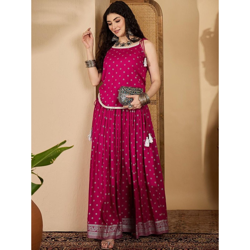 Sangria Women Pink Ethnic Printed Round Neck Rayon Vest Top & Skirt With Dori & Tassels