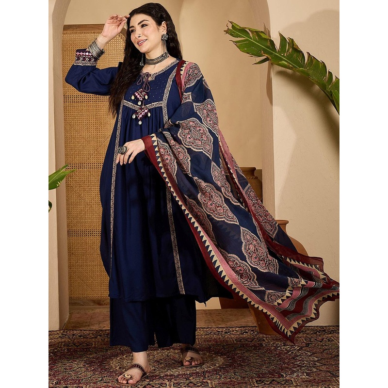 Sangria Women Printed A-Line Kurta Trouser With Dupatta Set