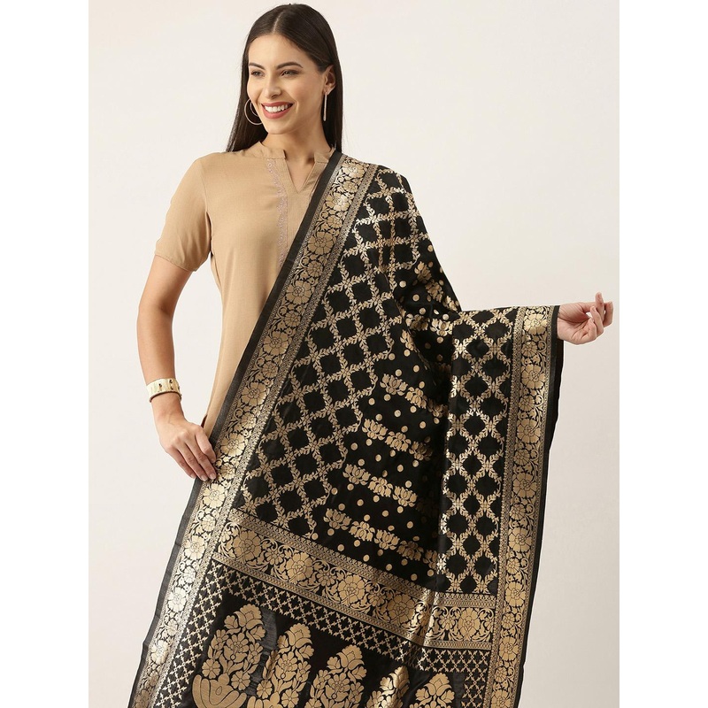 Silk Land Ethnic Motifs Woven Design Banarasi Silk Dupatta With Tassels